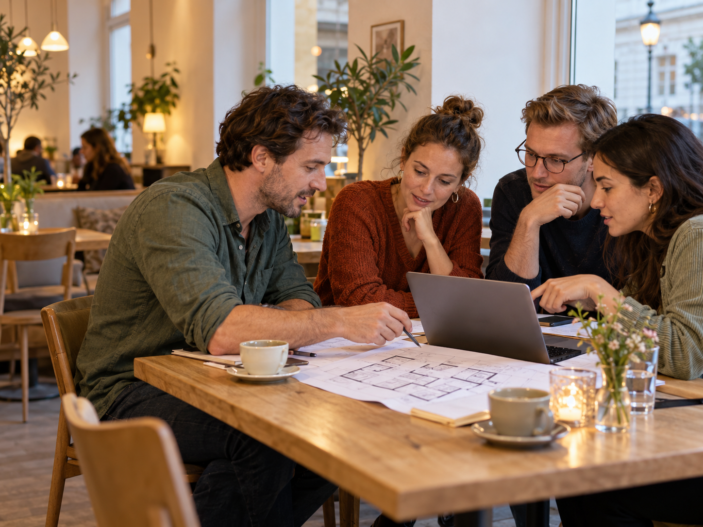 Vier Menschen besprechen gemeinsam Pläne und einen Laptop an einem Tisch